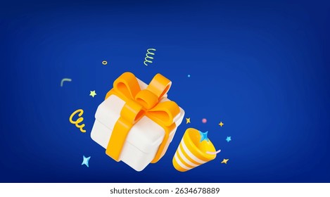 3d gift box white color with a yellow ribbon bow and popper with confetti. Stock vector illustration on blue isolated background.