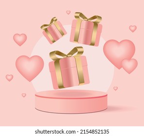 3d gift box wrapped golden ribbon with pink hearts