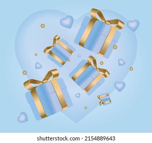 3.ª caja de regalo envuelta cinta dorada con corazones azules