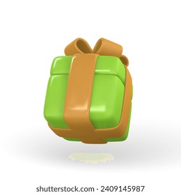 3d gift box with yellow bow. Plastic box with shadow isolated on light background. Vector illustration.