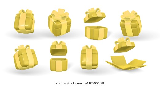 3d gift box with yellow bow. Plastic box with shadow isolated on light background. Vector illustration.