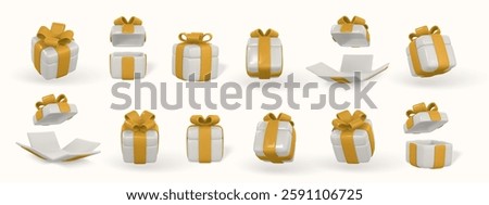3d gift box with yellow bow. Plastic box with shadow isolated on light background. Vector illustration.
