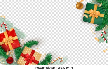 3d gift boxes with bows, golden confetti, striped candy cane and green pine branches as a frame on a transparent background for Christmas and New Year . Winter holiday banner design with copy space