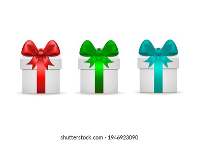 3d cajas de regalo con arcos sobre fondo blanco, ilustración vectorial.