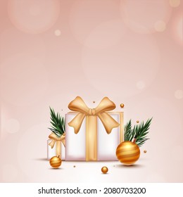 3D Gift Boxes With Golden Baubles, Fir Leaves On Glossy Pink Bokeh Background.