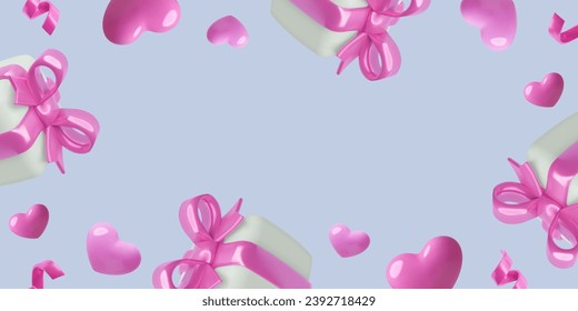 3d gift boxes and hearts background with copy space. Horizontal holiday banner design with three dimensional pink toy vector objects for Valentine's Day sales, promotions and greeting cards.