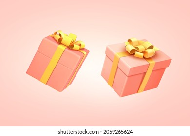 3D gift boxes. Illustration of two wrapped pink presents with yellow ribbons tied upon the lids
