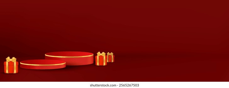 3D gift boxes with red podium, perfect for holidays, sales, and celebrations like Christmas, New Year, Valentines, and birthdays.