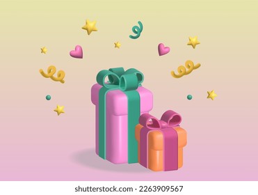 3d Gift Boxes with ribbon and bow. Birthday, Women's Day, Free prize 3d concept. Merry New Year, Merry Christmas gift boxes with stars and serpentine ribbon. Vector illustration on gradient Background