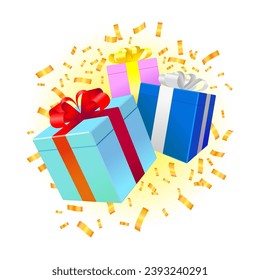 3D gift boxes with ribbon icons set vector. Isolated realistic wrapped bow giftbox on confetti background. Celebration birthday, holidays, special date present concept design.
