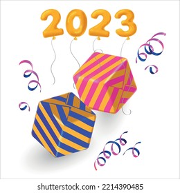 3D gift boxes, serpentine and 2023 numbers balloons for new year greeting cards, advertising design elements. Vector isolated on white bakground
