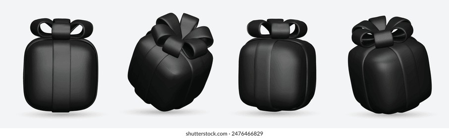 Cajas de regalo 3d con lazo de cinta negro aislado sobre un fondo blanco. 3d render vuelo moderno de vacaciones cerrado caja de sorpresa. Icono de Vector realista para regalo, Anuncios de cumpleaños