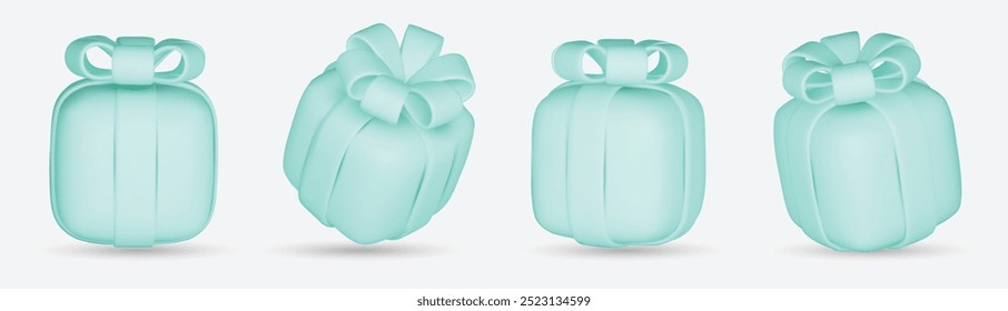 3d gift boxes set with blue ribbon bow isolated on a white background. 3d render flying modern holiday closed surprise box. Realistic vector icon for present, birthday banners