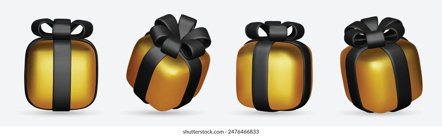 Cajas de regalo 3d con lazo de cinta de oro aislado sobre un fondo blanco. 3d render vuelo moderno de vacaciones cerrado caja de sorpresa. Icono de Vector realista para regalo, Anuncios de cumpleaños