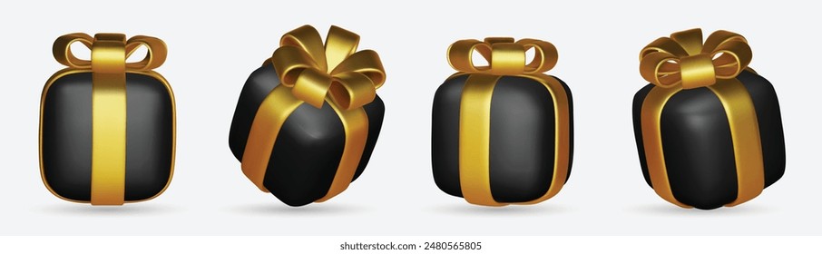 3d gift boxes set with gold ribbon bow isolated on a white background. 3d render flying modern holiday closed surprise box. Realistic vector icon for present, birthday banners