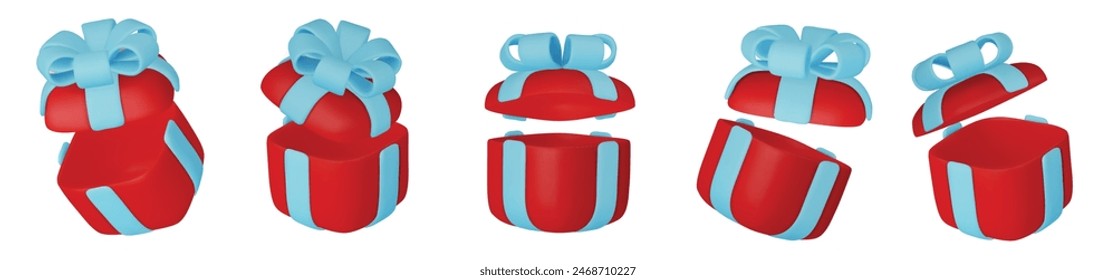 3d gift boxes set with red ribbon bow isolated on a white background. 3d render flying modern holiday closed surprise box.