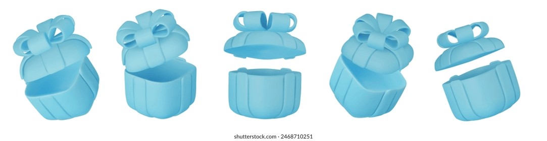 3d gift boxes set with red ribbon bow isolated on a white background. 3d render flying modern holiday closed surprise box.