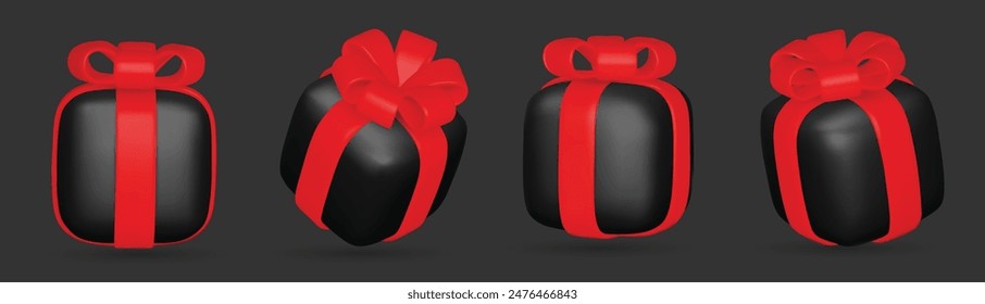 3d gift boxes set with red ribbon bow isolated on a white background. 3d render flying modern holiday closed surprise box.