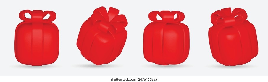 3d gift boxes set with red ribbon bow isolated on a white background. 3d render flying modern holiday closed surprise box.