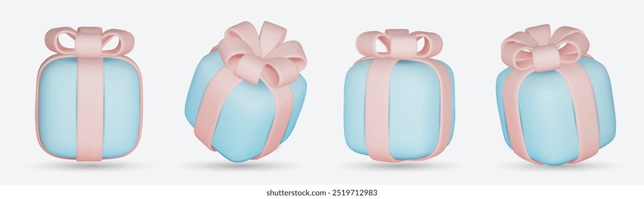 3d gift boxes set with ribbon bow isolated on a white background. 3d render flying modern holiday closed surprise box. Realistic vector icon for present, birthday banners