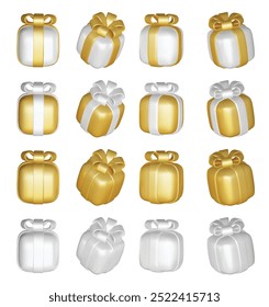 3d gift boxes set with ribbon bow isolated on a white background. 3d render flying modern holiday closed surprise box. Realistic vector icon for present, birthday banners