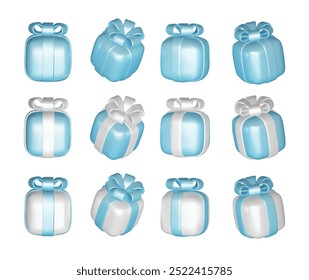 3d gift boxes set with ribbon bow isolated on a white background. 3d render flying modern holiday closed surprise box. Realistic vector icon for present, birthday banners