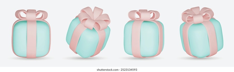 Cajas de regalo 3D con lazo de cinta aislado en un fondo blanco. 3D render vuelo moderno de vacaciones cerrado caja de sorpresa. Icono realista del Vector para el presente, Anuncios del cumpleaños
