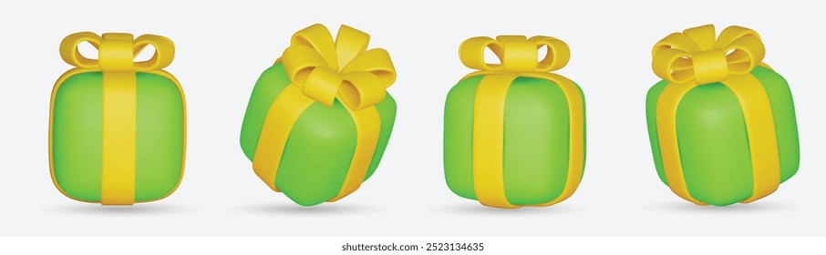 3d gift boxes set with ribbon bow isolated on a white background. 3d render flying modern holiday closed surprise box. Realistic vector icon for present, birthday banners