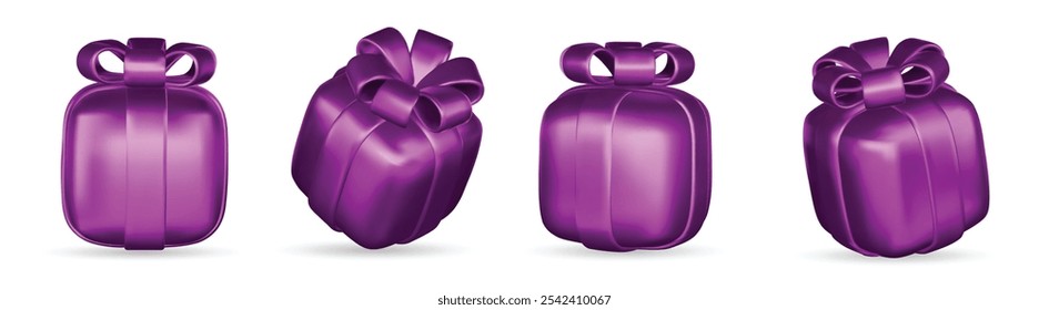 3d gift boxes set with ribbon bow isolated on a white background. 3d render flying modern holiday closed surprise box.