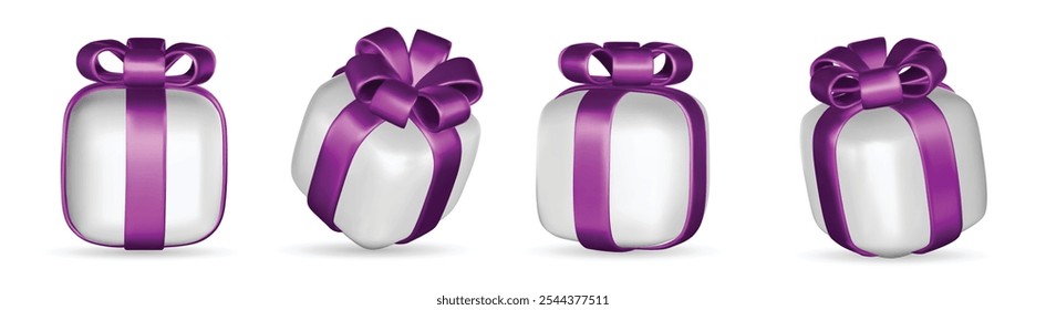 3d gift boxes set with ribbon bow isolated on a white background. 3d render flying modern holiday closed surprise box.