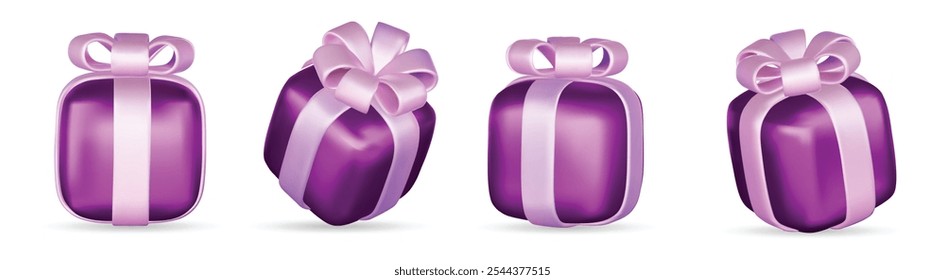 3d gift boxes set with ribbon bow isolated on a white background. 3d render flying modern holiday closed surprise box.