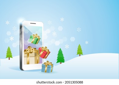 3D gift boxes in smart phone with winter snowflakes falling background. Idea for season greetings in Christmas and new year holiday, template, poster and banner card.