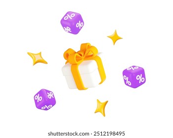 Caixas de presente 3d cor branca com porcentual de cubo voador e estrelas. Natal, aniversário, anúncios, promoção. Ilustração de vetor de estoque em plano de fundo isolado.