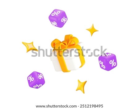 3d gift boxes white color with flying cube percent and stars. Christmas, birthday, ads, promotion. Stock vector illustration on isolated background.