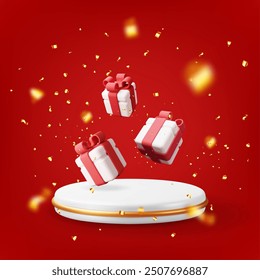 3D gift boxes with white podium in confetti. Render wrapped box package. Christmas new year, sale, shopping. Present box with bows ribbons. Giftbox for valentine, birthday holiday. Vector illustration