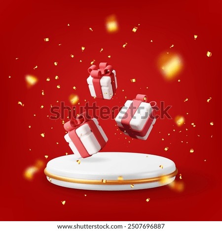 3D gift boxes with white podium in confetti. Render wrapped box package. Christmas new year, sale, shopping. Present box with bows ribbons. Giftbox for valentine, birthday holiday. Vector illustration