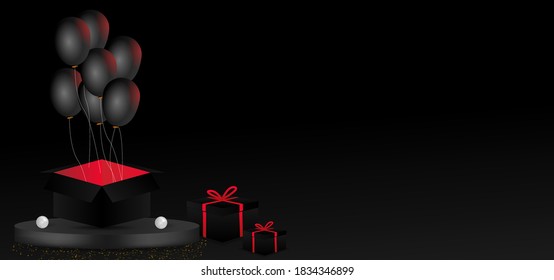 3d gift boxing day with balloons and confetti background vector
