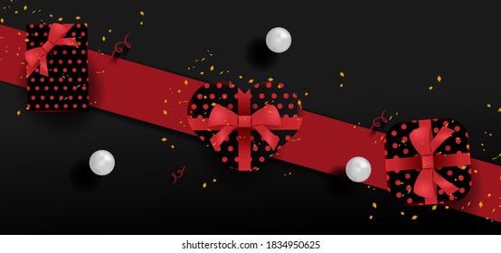 3d gift boxing day with realistic shape and red line background vector