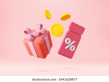 3d Gift card and promotion strategy, gift voucher, discount coupon and gift certificate concept. 3D Rendering. Vector illustration