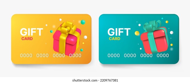 3d gift card template, reward and bonus coupon. Modern style gift voucher, customer loyalty, sale special price offer. Certificate concept. Vector cartoon realistic illustration