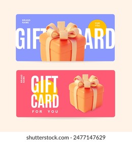 3d Gift Card Voucher Coupon Horizontal Set with Present Box Loyalty Program Concept Cartoon Design Style. Vector illustration