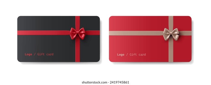 3D gift cards. Realistic red and black holiday cards with bows and ribbons, top view. For happy event celebration concepts. Vector