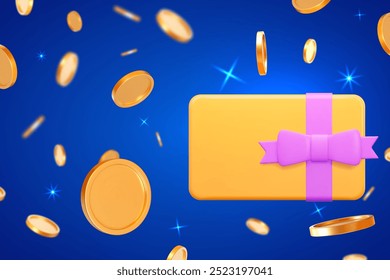 Certificado de regalo 3D para la promoción con monedas de oro que caen sobre fondo azul. Regalo de cupón. Ilustración vectorial de stock sobre fondo aislado.