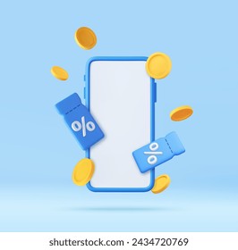 3D Gift Coupon on mobile phone and coin floating. Store special offers advertisement. Special offer promotion. 3d rendering. Vector illustration