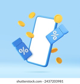 3D Gift Coupon on mobile phone and coin floating. Store special offers advertisement. Special offer promotion. 3d rendering. Vector illustration