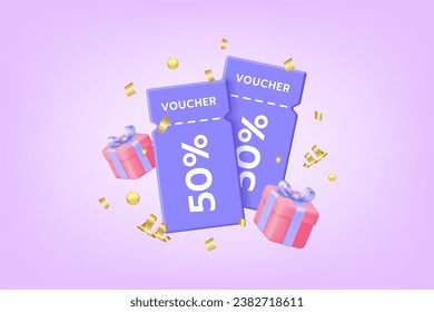 3D gift coupons. Discount voucher. Present or ticket icon. Promo bonus or reward. Render purchase certificates. Prize box and confetti. Win in sale. Store promotion. Special offer. Vector illustration