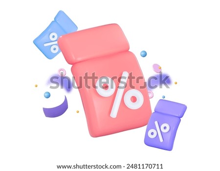 3D gift red coupon with blue and purple colors with festive confetti.