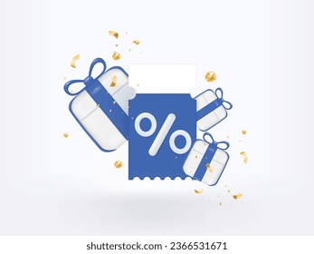 3D Gift voucher with blue coupon. For Promotion sales and Discount online purchases. Percentage label with gift box and balloon isolated on white background. 3d rendering.