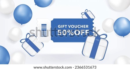 3D Gift voucher with blue coupon. For Promotion sales and Discount online purchases. Percentage label with gift box and balloon isolated on white background. 3d rendering.