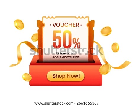3d gift voucher card is being printed from a slot with coupon code, 40% off, ribbons, isolated on background with golden coins flying around. Cashback coupon popup concept in 3d vector illustration